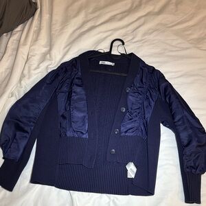 Zara Navy Mixed-Media Bomber-Style Cardigan Jacket